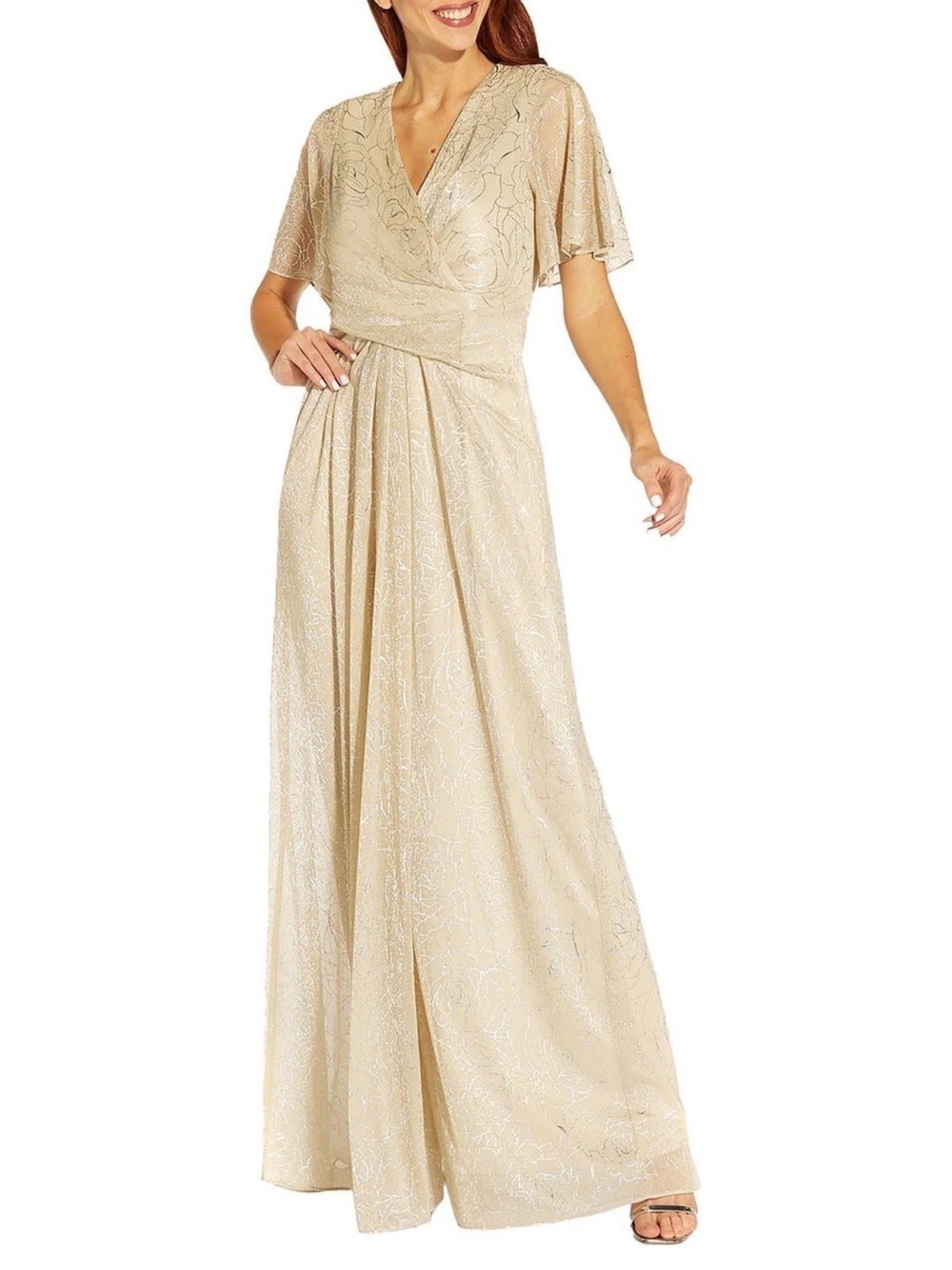 Adrianna Papell Stencil Floral Metallic Mesh Draped Gown Formal Dress Women US10